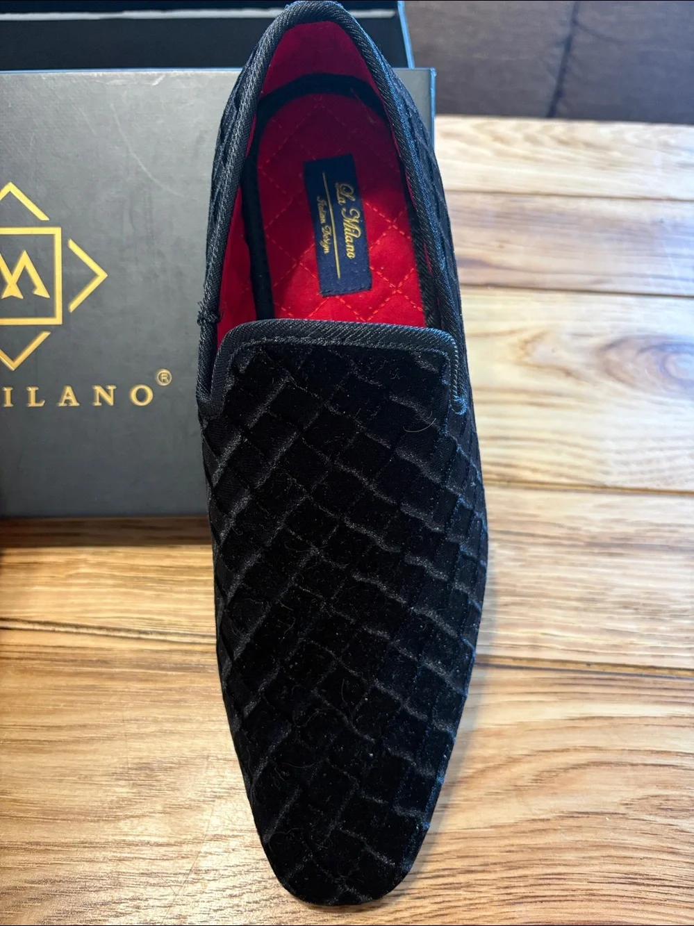 Milano Black Velvet Slip-On Loafers with Red Quilted Lining